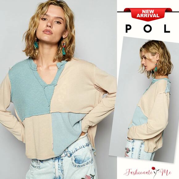 POL Color Block Contrast Notch Neck Long Sleeves Relaxed Fit Top | Pastel Blue - Picture 1 of 4
